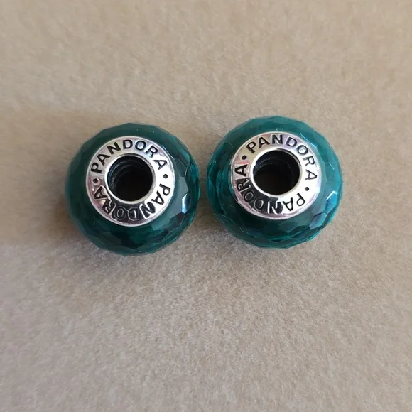 2pc Pandora Turquoise / Sea Green Glass Faceted Charm Beads - Picture 3 of 5